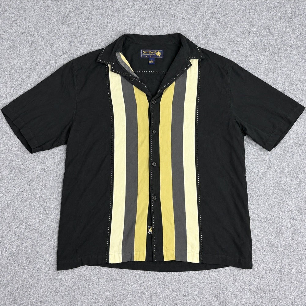 Nat Nast Button Down Shirt Mens Large Black Silk Striped Camp Pick Stitch Short